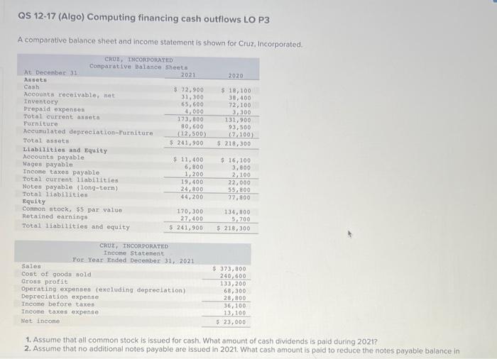  QS 1217 (Algo) Computing financing cash outflows LO P3 A comparative