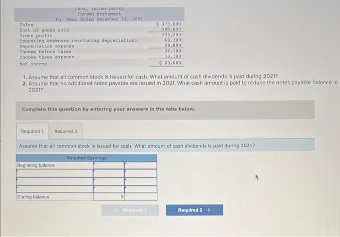 balance sheet and income statement is shown for Cruz, Incorporated. 1. Assume