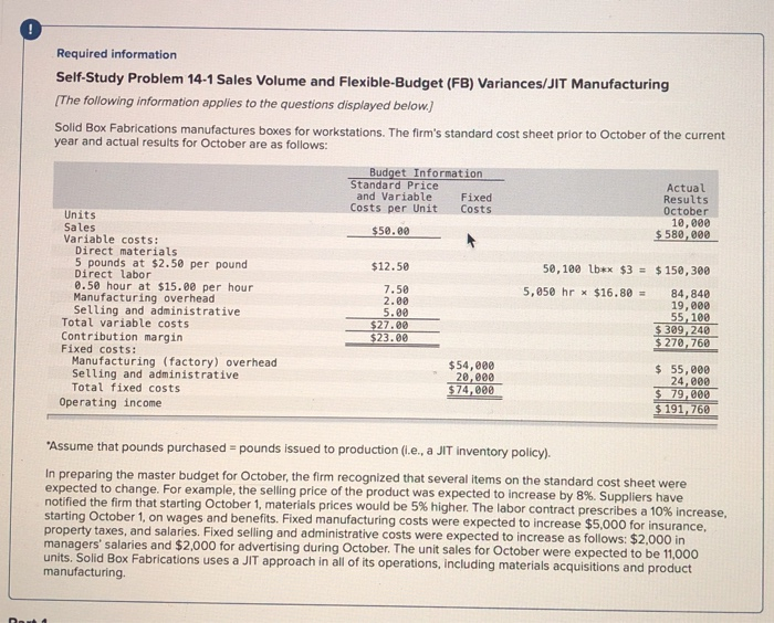  O Required information Self-Study Problem 14-1 Sales Volume and Flexible-Budget (FB)