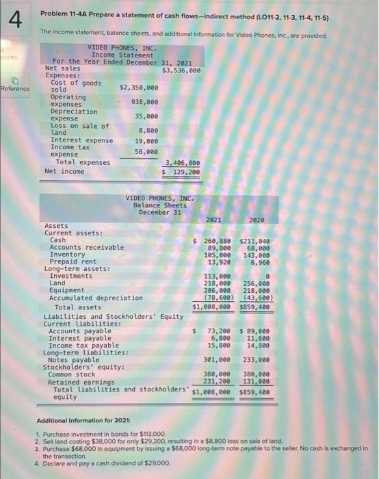  Problem 11-4A Prepare a statement of cash flows-Indirect method (LO11-2, 11-3,