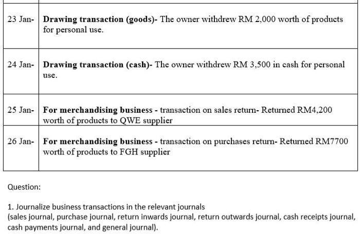 & \begin{tabular}{l} Credit purchase \\ The business purchased RM30,000 for laptop equipment