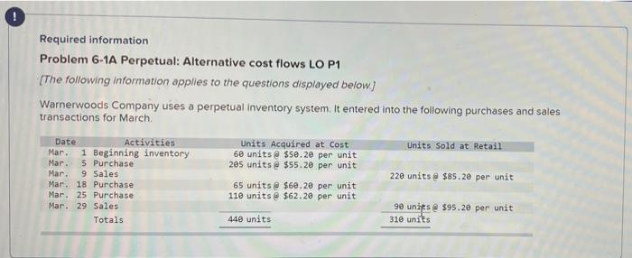 question 5 Required information Problem 6-1A Perpetual: Alternative cost flows LO P1