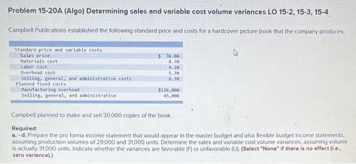  Problem 15-20A (Algo) Determining soles and variable cost volume variances LO