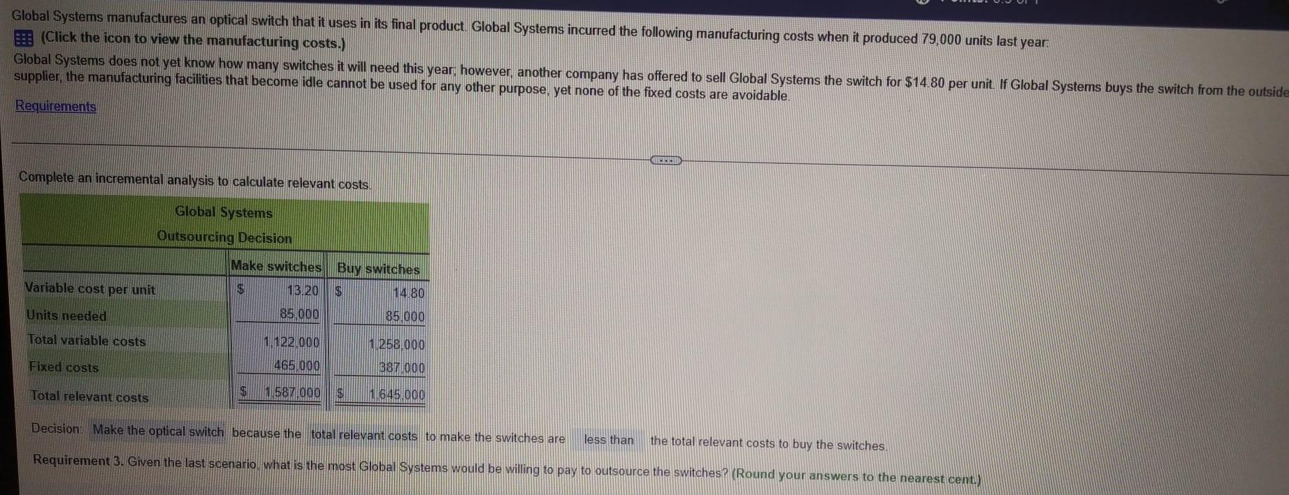 (Click the icon to view the manufacturing costs.) Global Systems does not