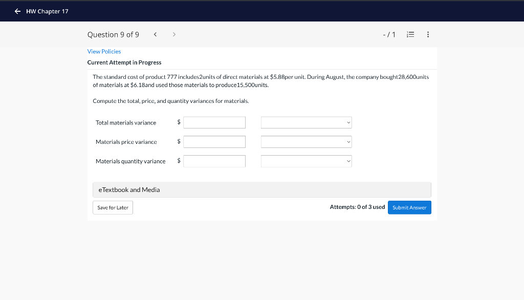 + HW Chapter 17 Question 9 of 9 -/1 E View