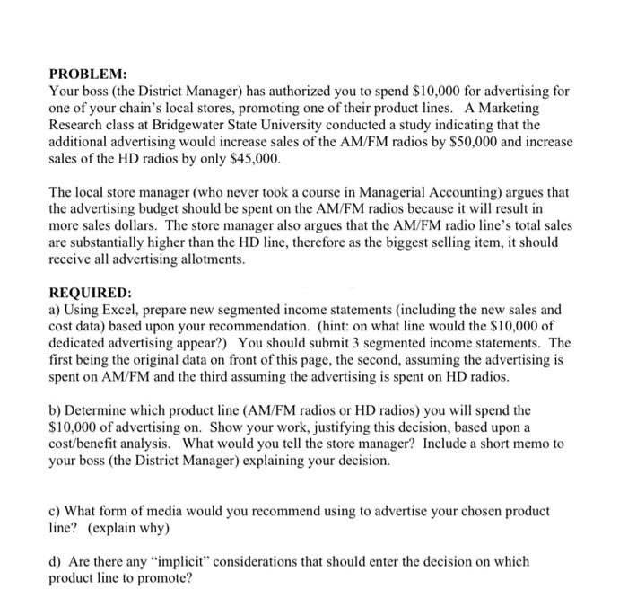 Big Bear Consumer Electronics Inc. is shown below. Total Department AM/FM radios