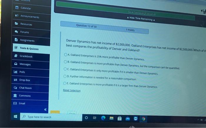  Calendar Announcements A Hide Time Remaining A Resources Question 12 of