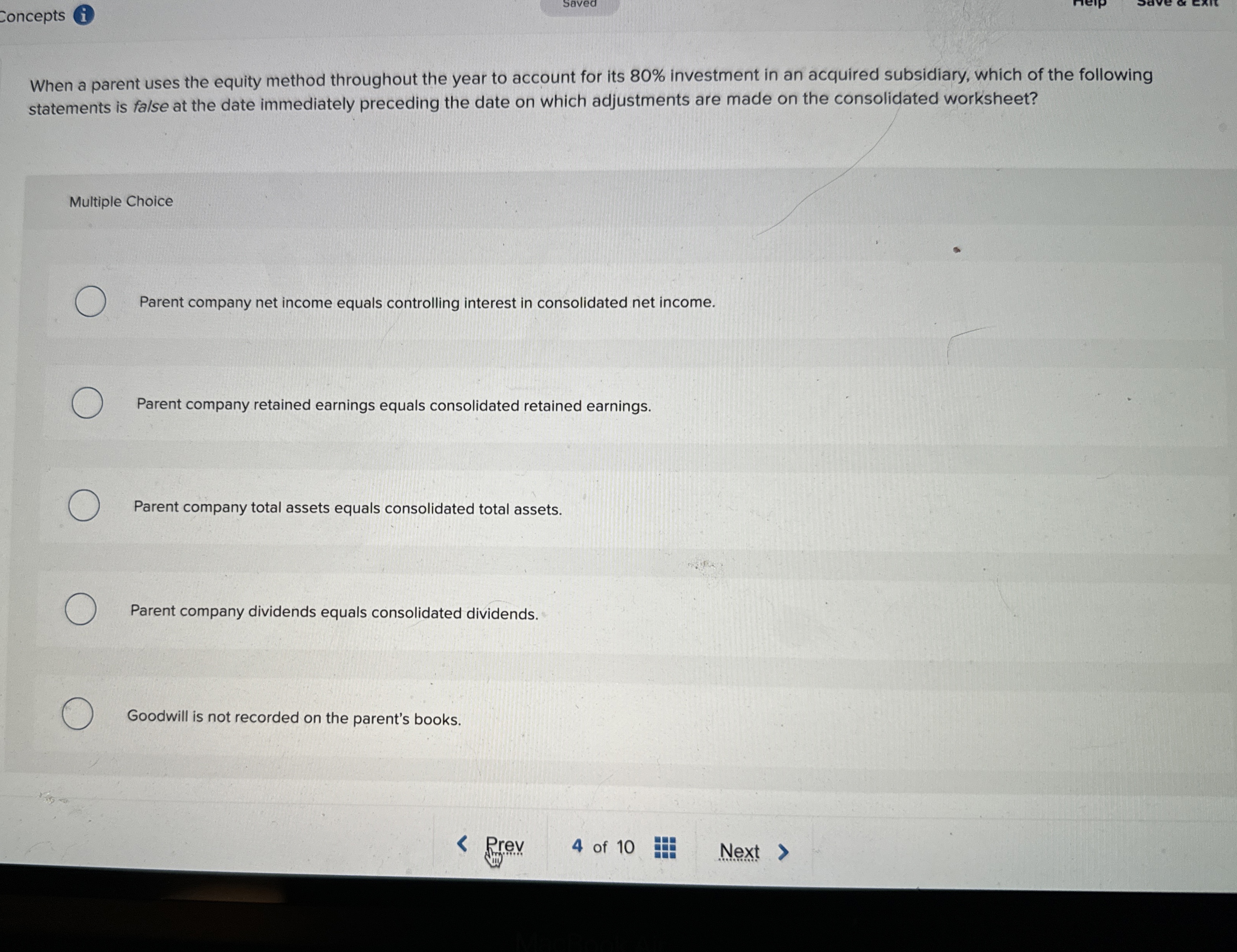  When a parent uses the equity method throughout the year to