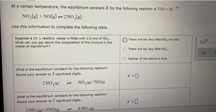  At a certain temperature, the equilibrium constant K for the following
