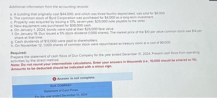 accounting records is provided also. Additional information from the accounting records: a.