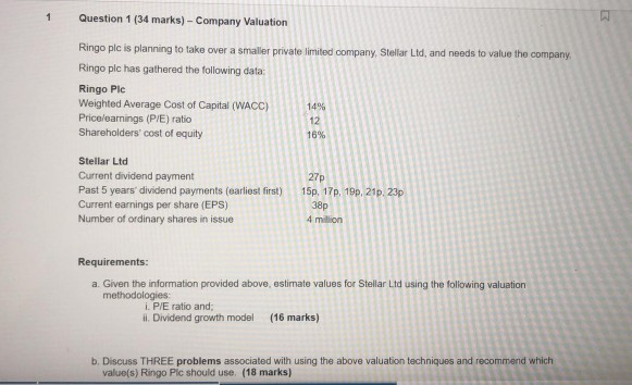 1 A Question 1 (34 marks) - Company Valuation Ringo plc