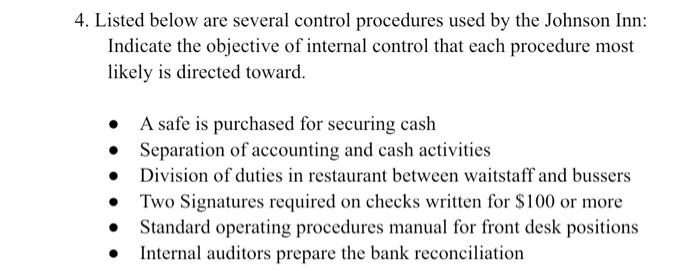  4. Listed below are several control procedures used by the Johnson