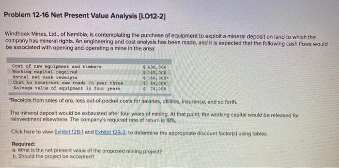  Problem 12-16 Net Present Value Analysis (L012-2) Windhoek Mines, Ltd., of