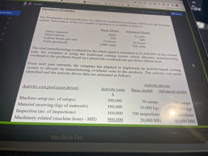 sub - managerial accounting Final Exam Question L(20.marka) Star Peripherals Ltd manufactures