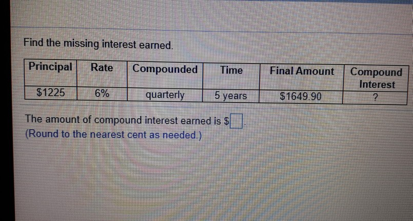 Find the missing interest earned. Principal Rate Compounded | Time Final