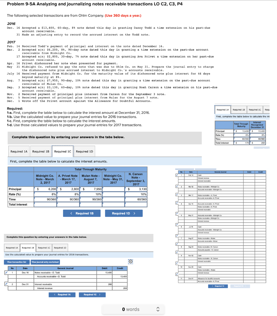  Problem 9-5A Analyzing and journalizing notes receivable transactions LO C2, C3,