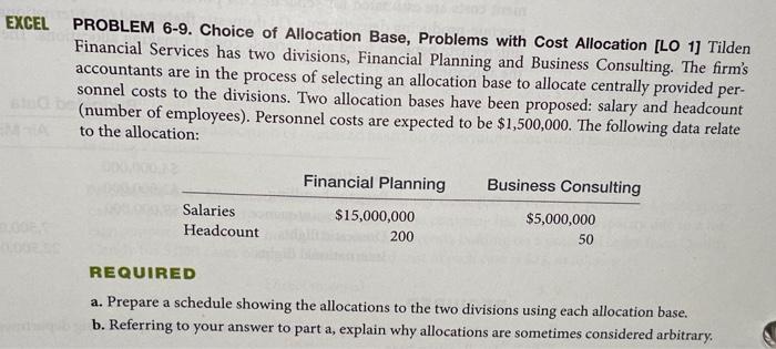  EXCEL PROBLEM 6-9. Choice of Allocation Base, Problems with Cost Allocation
