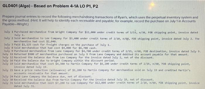  GLO401 (Algo) - Based on Problem 4-1A LO P1, P2 Prepare