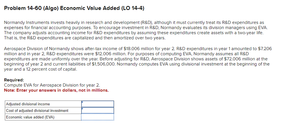 Problem 14-60 (Algo) Economic Value Added (LO 14-4) Normandy Instruments invests