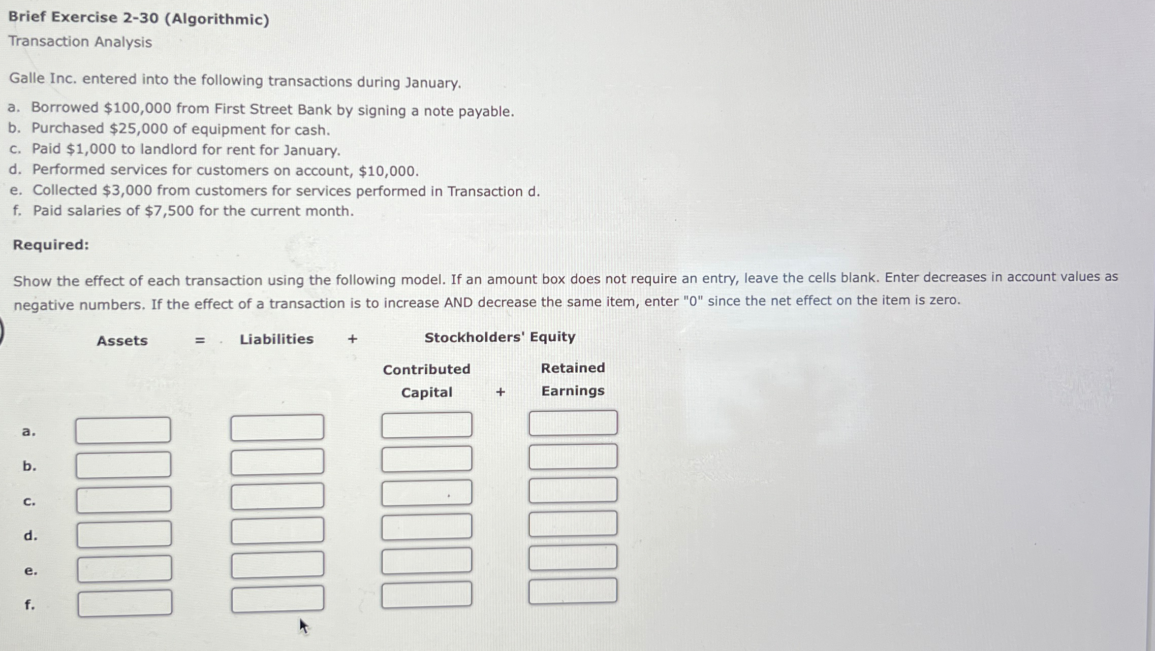  Brief Exercise 2-30(Algorithmic) Transaction Analysis Galle Inc. entered into the following