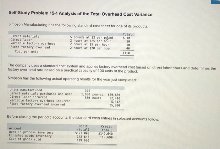  Self-Study Problem 15-1 Analysis of the Total Overhead Cost Variance Simpson