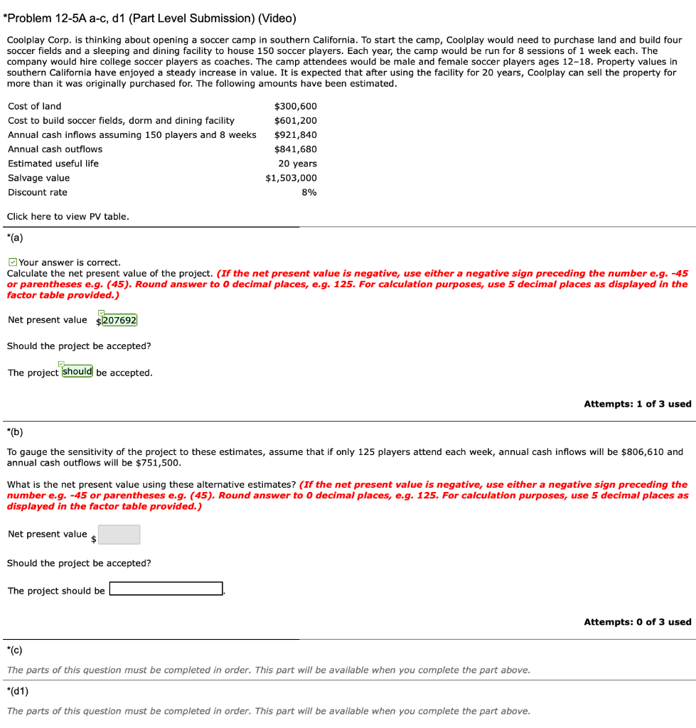  *Problem 12-5A a-c, d1 (Part Level Submission) (Video) Coolplay Corp. is