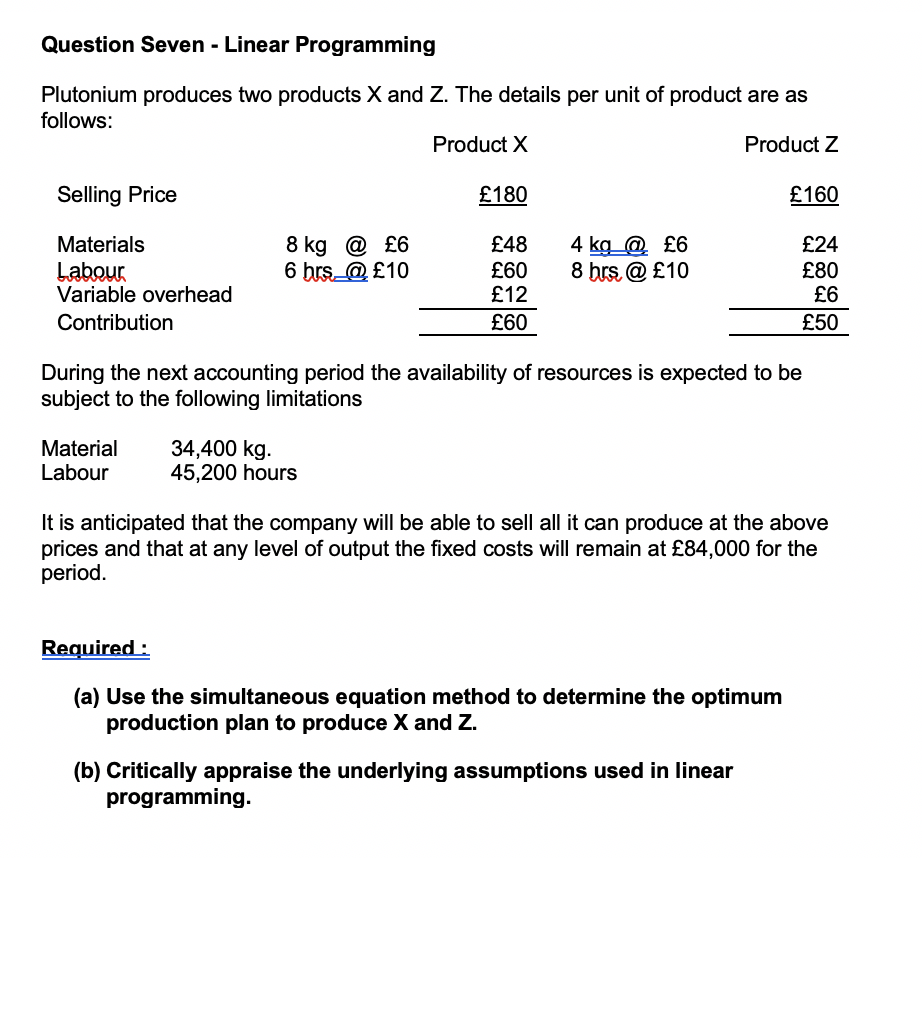  Question Seven - Linear Programming Plutonium produces two products X and