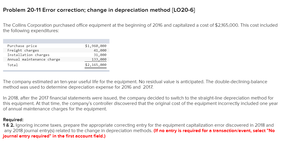  Problem 20-11 Error correction; change in depreciation method [LO20-6] The Collins