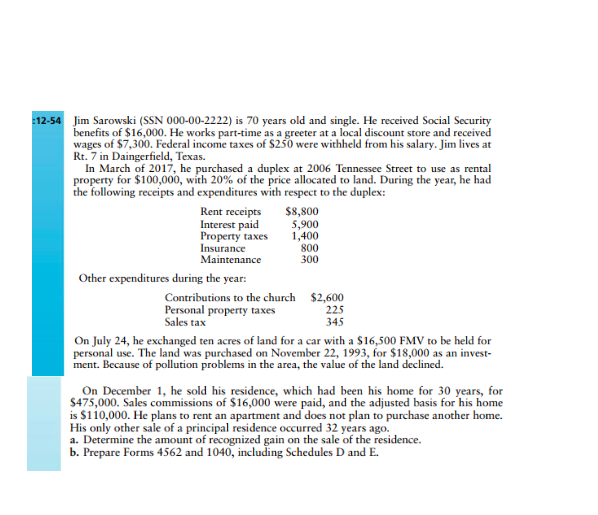 ***prepare ONLY 2017 Forms 4562 and 1040 12-54 lim Sarowski (SSN 000-00-2222)