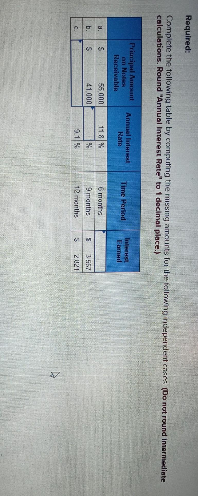  Required: Complete the following table by computing the missing amounts for