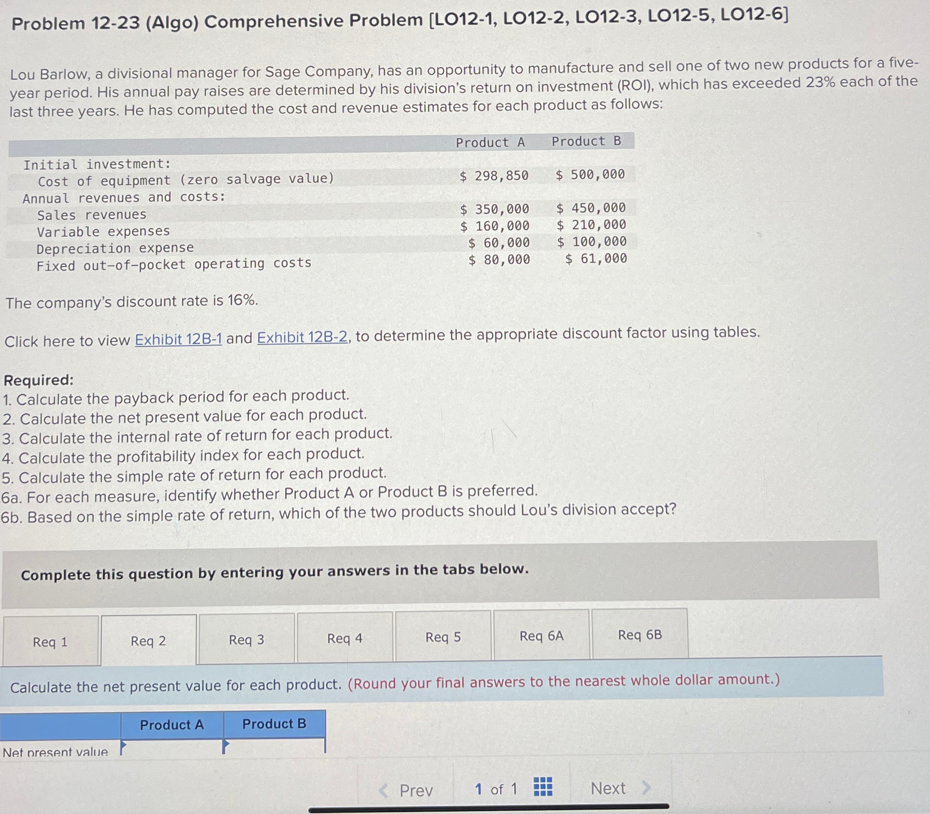  Problem 12-23(Algo) Comprehensive Problem [LO12-1, LO12-2, LO12-3, LO12-5, LO12-6] Lou Barlow,