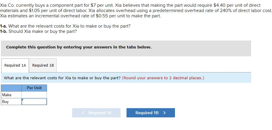 Xia Co. currently buys a component part for $7 per unit.