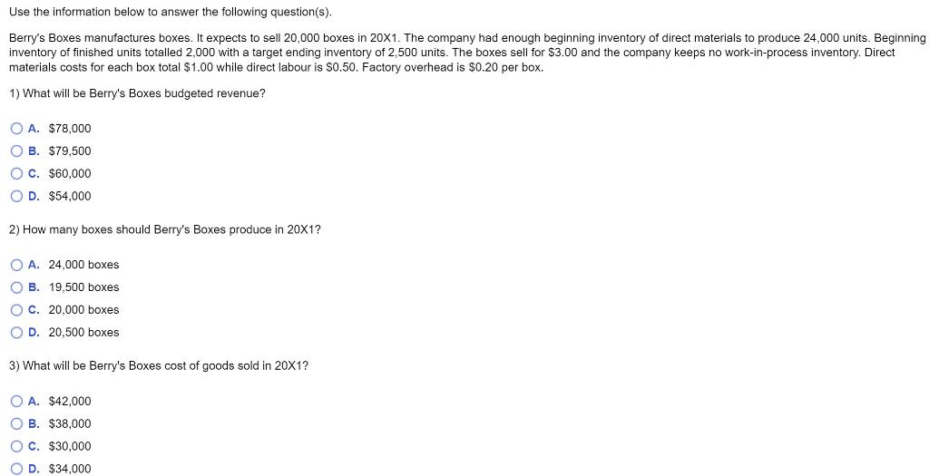 Please answer all for a thumbs up! thank you Berry's Boxes manufactures