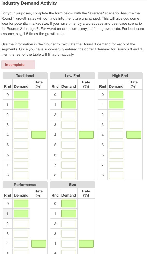 each round, start with the segment center in the table below and