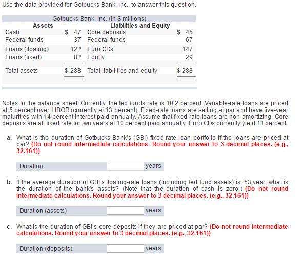  Use the data provided for Gotbucks Bank, Inc., to answer this