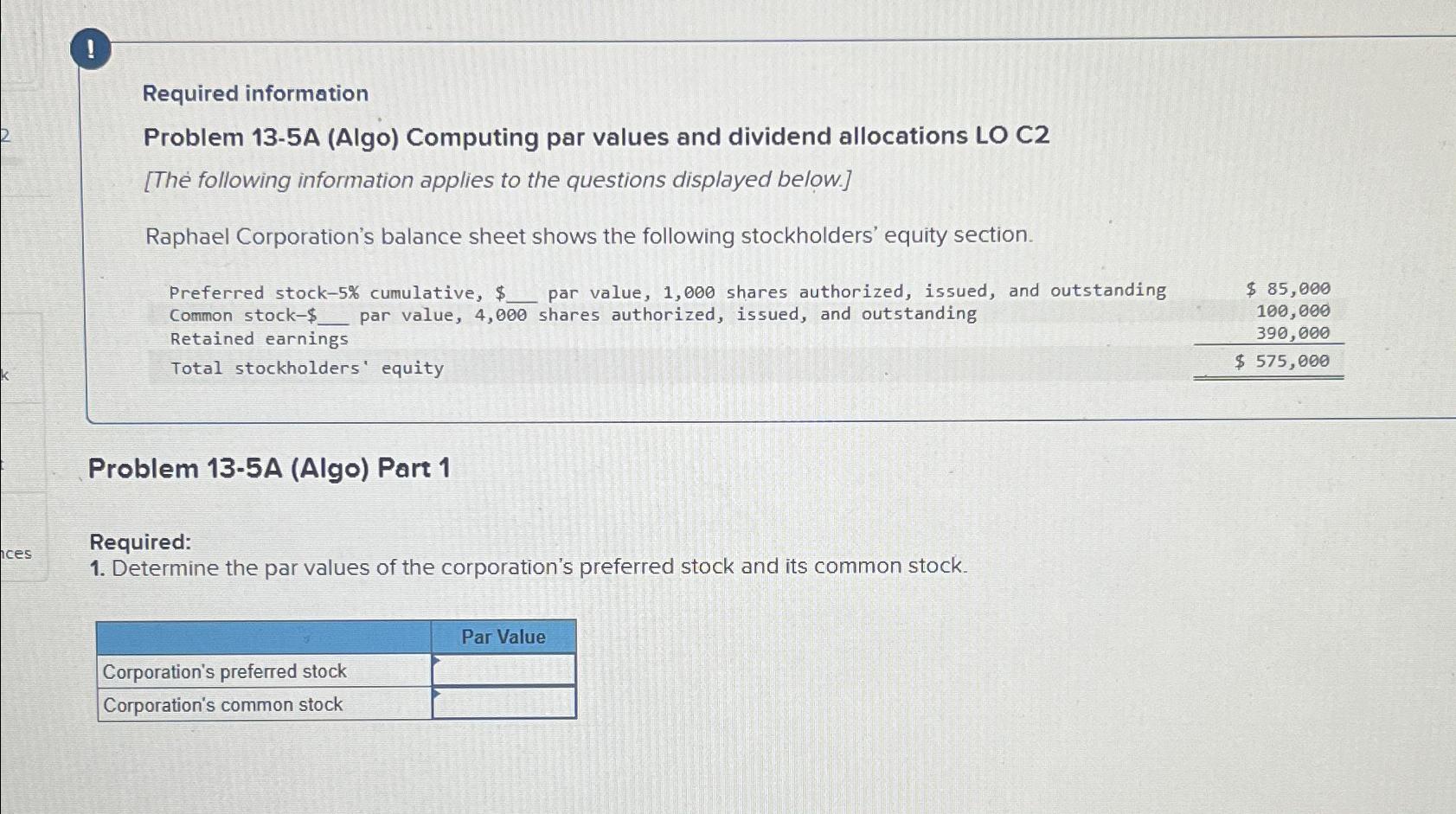  ! Required information Problem 13-5A (Algo) Computing par values and dividend
