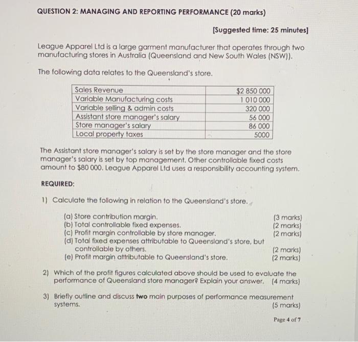 answer questions 1,2&3 QUESTION 2: MANAGING AND REPORTING PERFORMANCE (20 marks) [Suggested