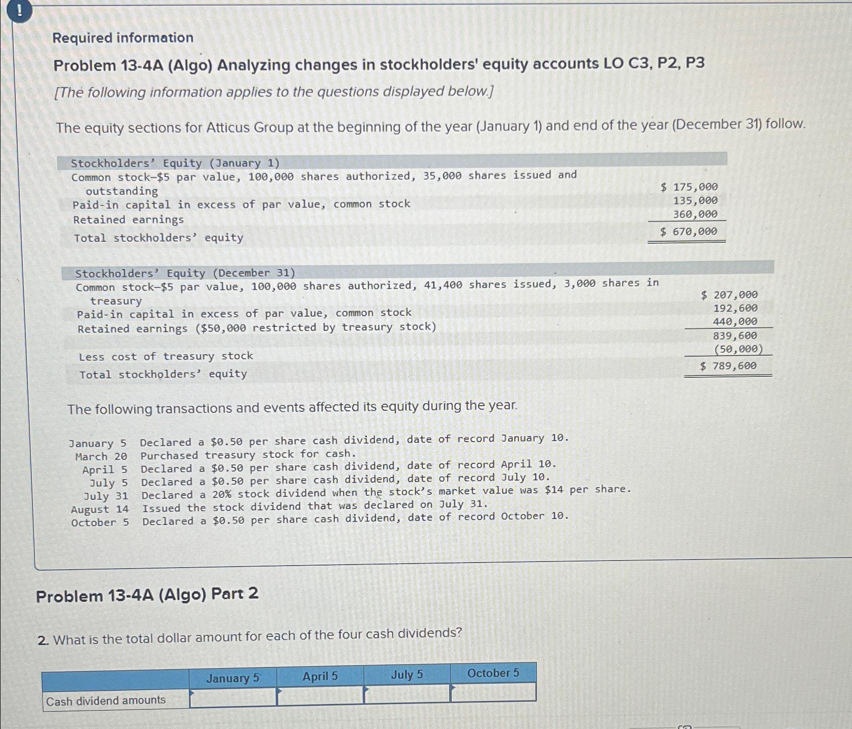  ! Required information Problem 13-4A (Algo) Analyzing changes in stockholders' equity