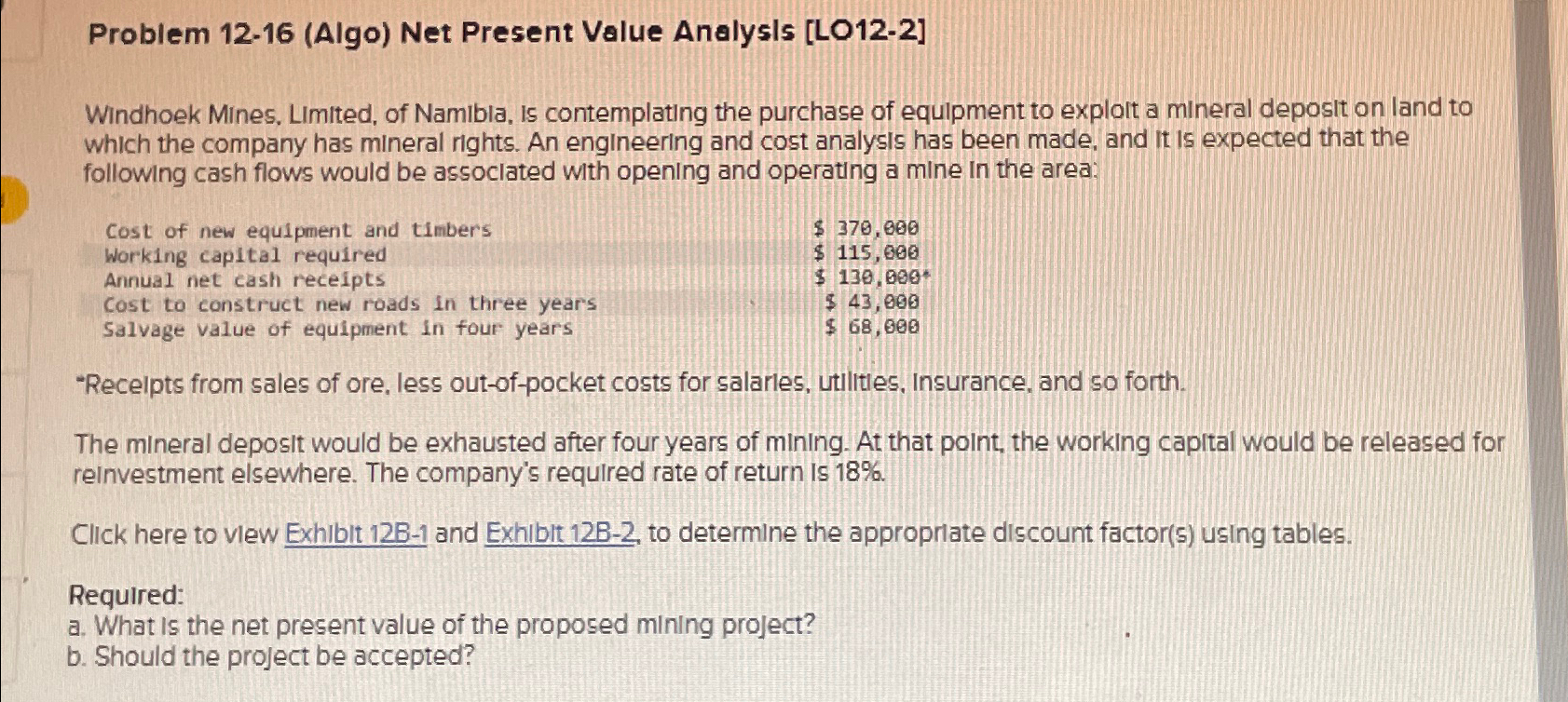  Problem 12-16(Algo) Net Present Value Analysls [LO12-2] Windhoek Mines, Limited, of