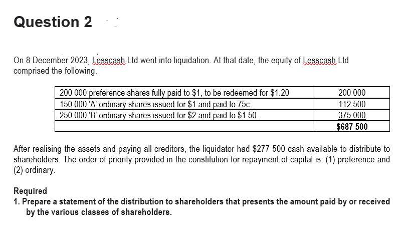Please help me . Please Question 2 On 8 December 2023, Lesscash