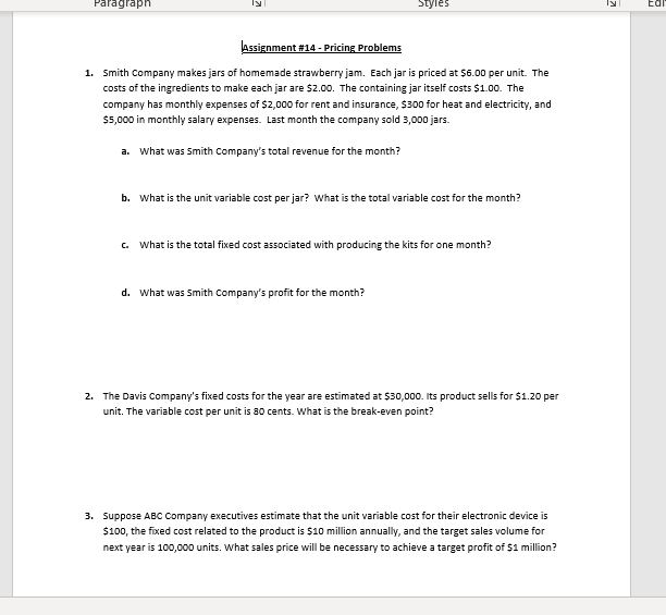  Paragraph Styles Edi Assignment #14 - Pricing Problems 1. Smith Company