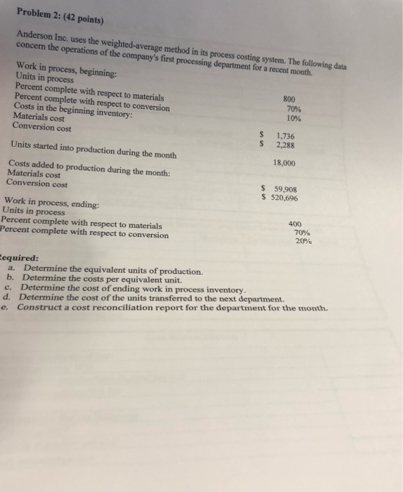  Problem 2: (42 points) Anderson Inc. uses the weighted-average method in