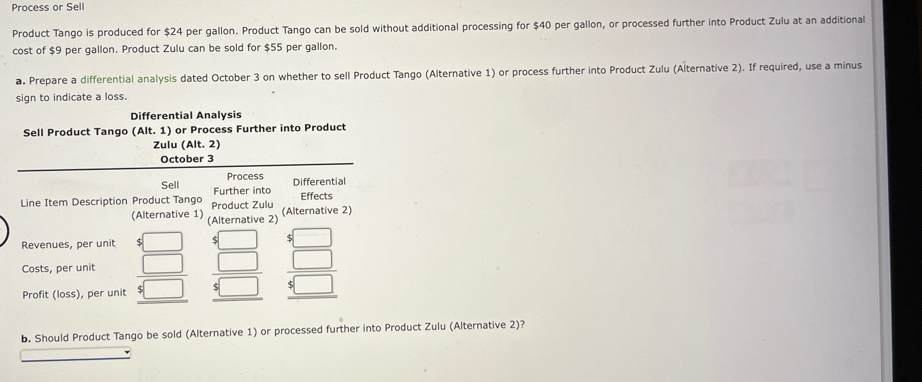  Process or Sell Product Tango is produced for $24 per gallon.