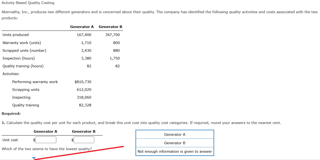 Activity-Based Quality Costing Abernathy, Inc., produces two different generators and is