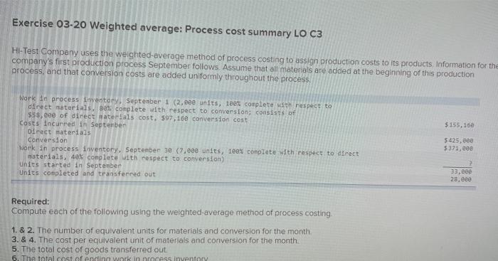  Exercise 03-20 Weighted average: Process cost summary LO C3 Hi-Test Company