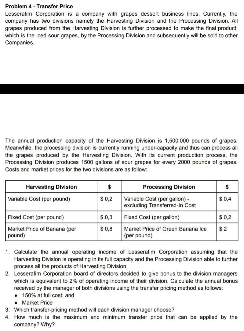  please help answer this Problem 4 - Transfer Price Lesserafim Corporation