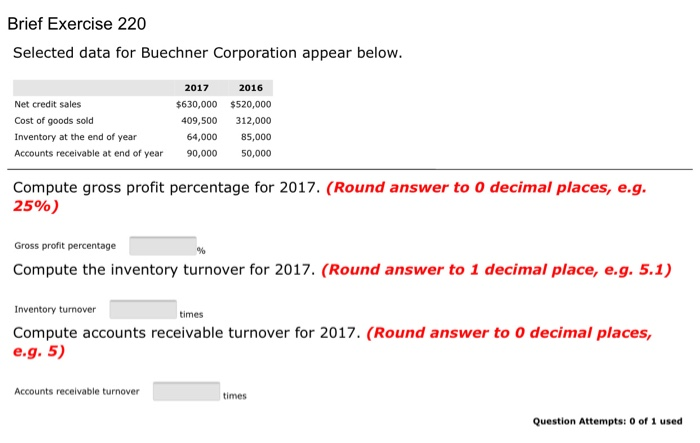  Brief Exercise 220 Selected data for Buechner Corporation appear below. 2017
