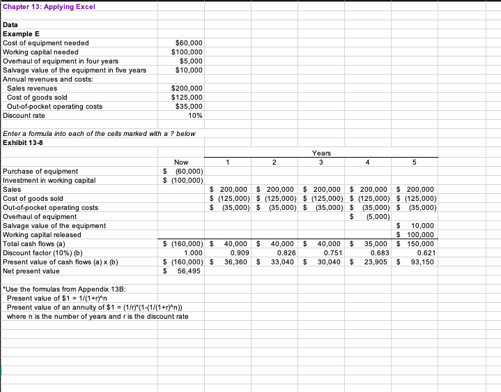  Chapter 13: Applying Excel Data Example E Cost of equipment needed