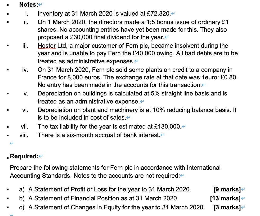  i. . Notes: Inventory at 31 March 2020 is valued at