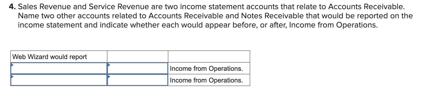 Assets: Accounts Receivable, Net of Allowance 4. Sales Revenue and Service Revenue